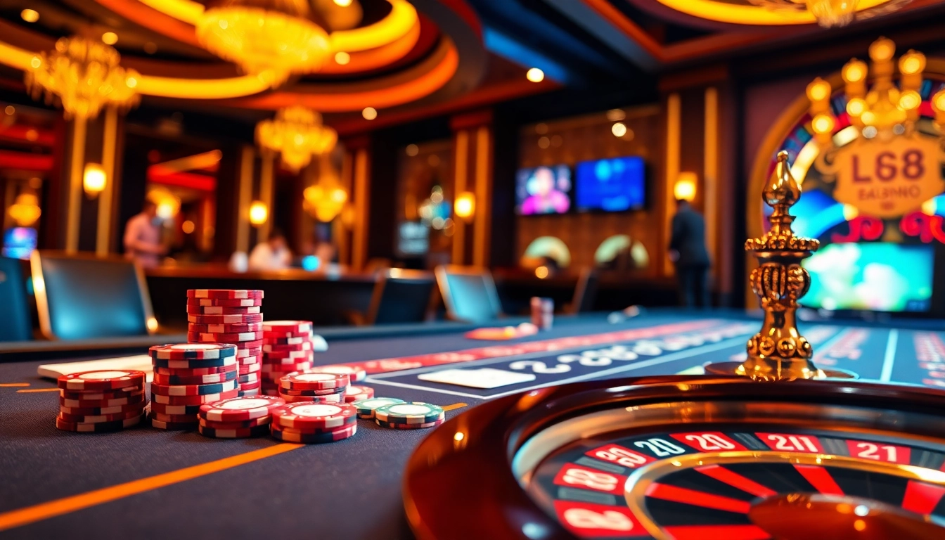 Engaging players at LC88 casino with vibrant chips and a roulette wheel.