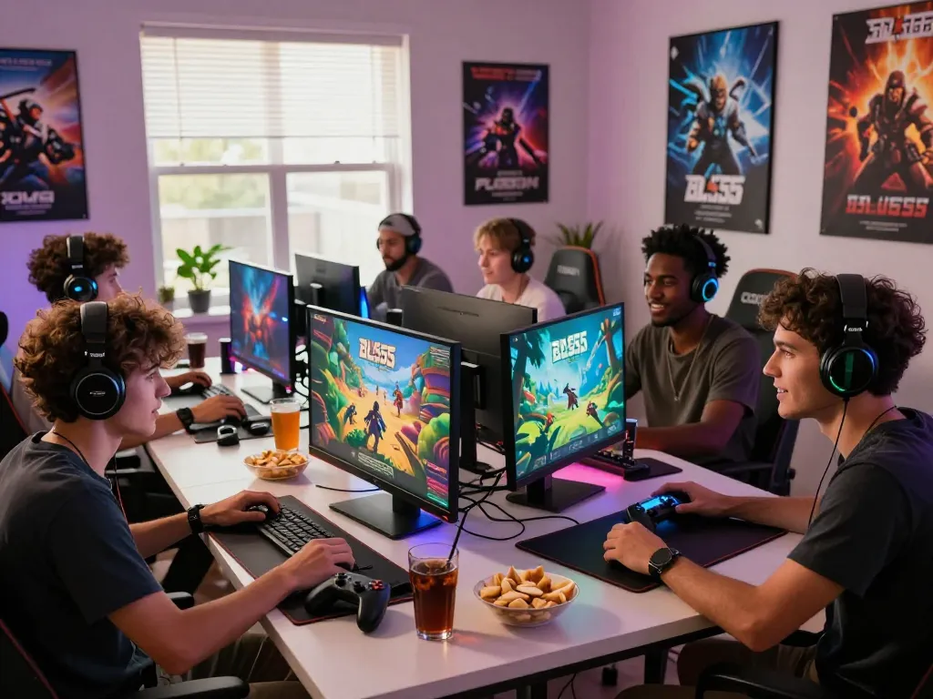 Friends enjoying an exciting gaming session at BL555’s modern game room with colorful lights and lively atmosphere.