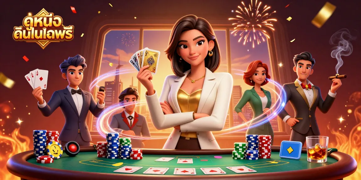 Experience ดูหนังออนไลน์ฟรี in high stakes poker with a glamorous Asian dealer and vibrant game elements.