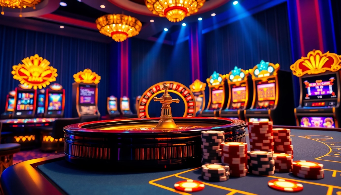 An engaging casino scene reflecting the excitement of trang chủ 888VND with vibrant slot machines and a roulette wheel.