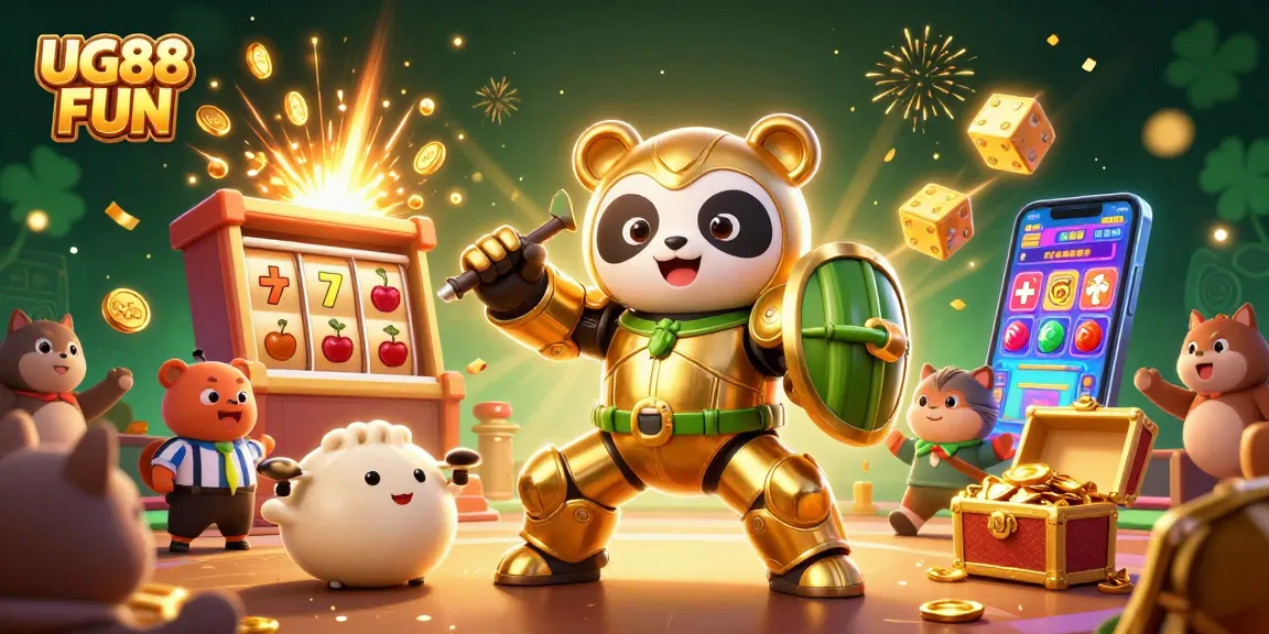 Engage with exciting 3D scenes of UG88 FUN celebrating slot machine jackpots and thrilling casino elements.