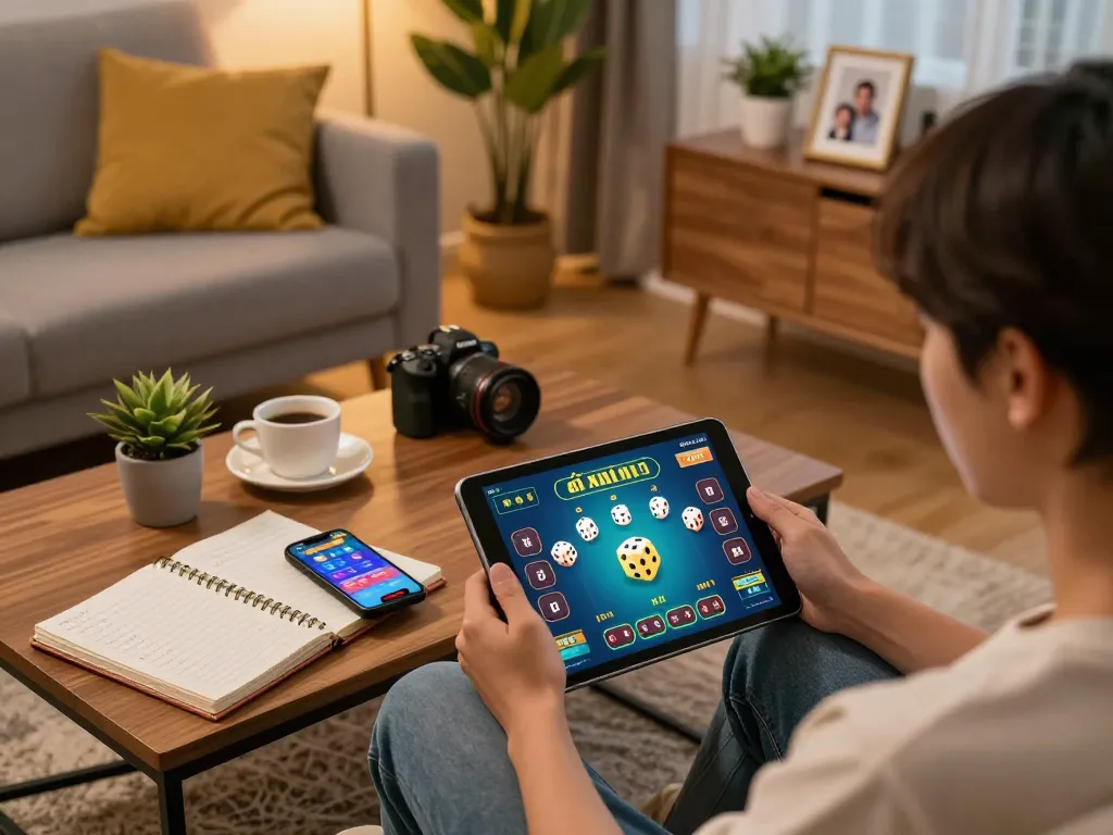 Engaging in tài xỉu online with a tablet in a cozy home setting, showcasing strategic notes and a lively gaming interface.