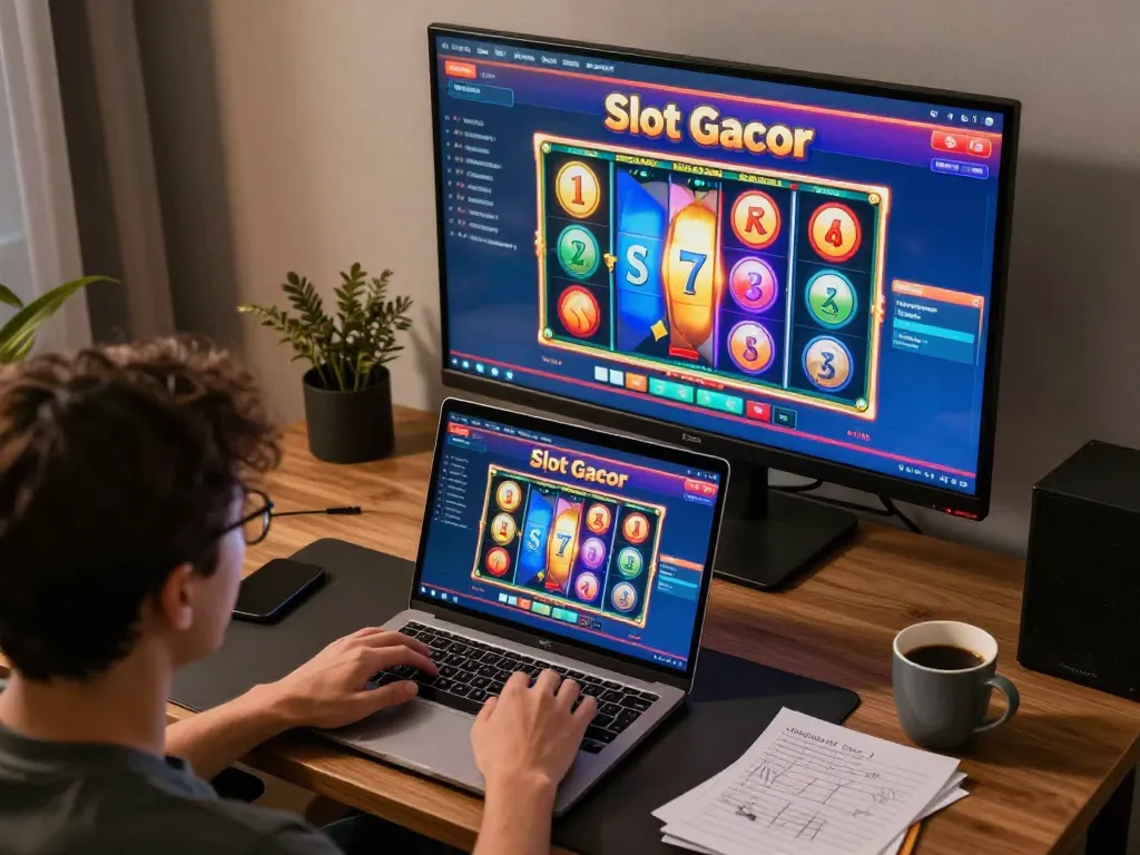 Player spinning Slot Gacor reels in a cozy home gaming setup during an online casino session