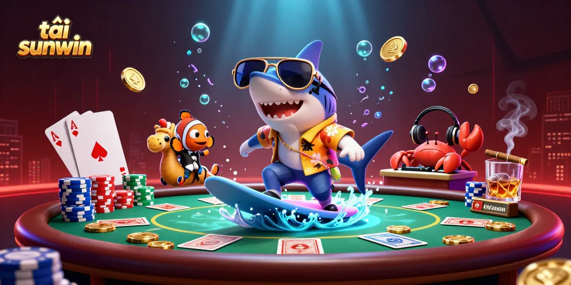 Surf the wave of gold coins with tải sunwin in this vibrant casino illustration featuring unique characters.