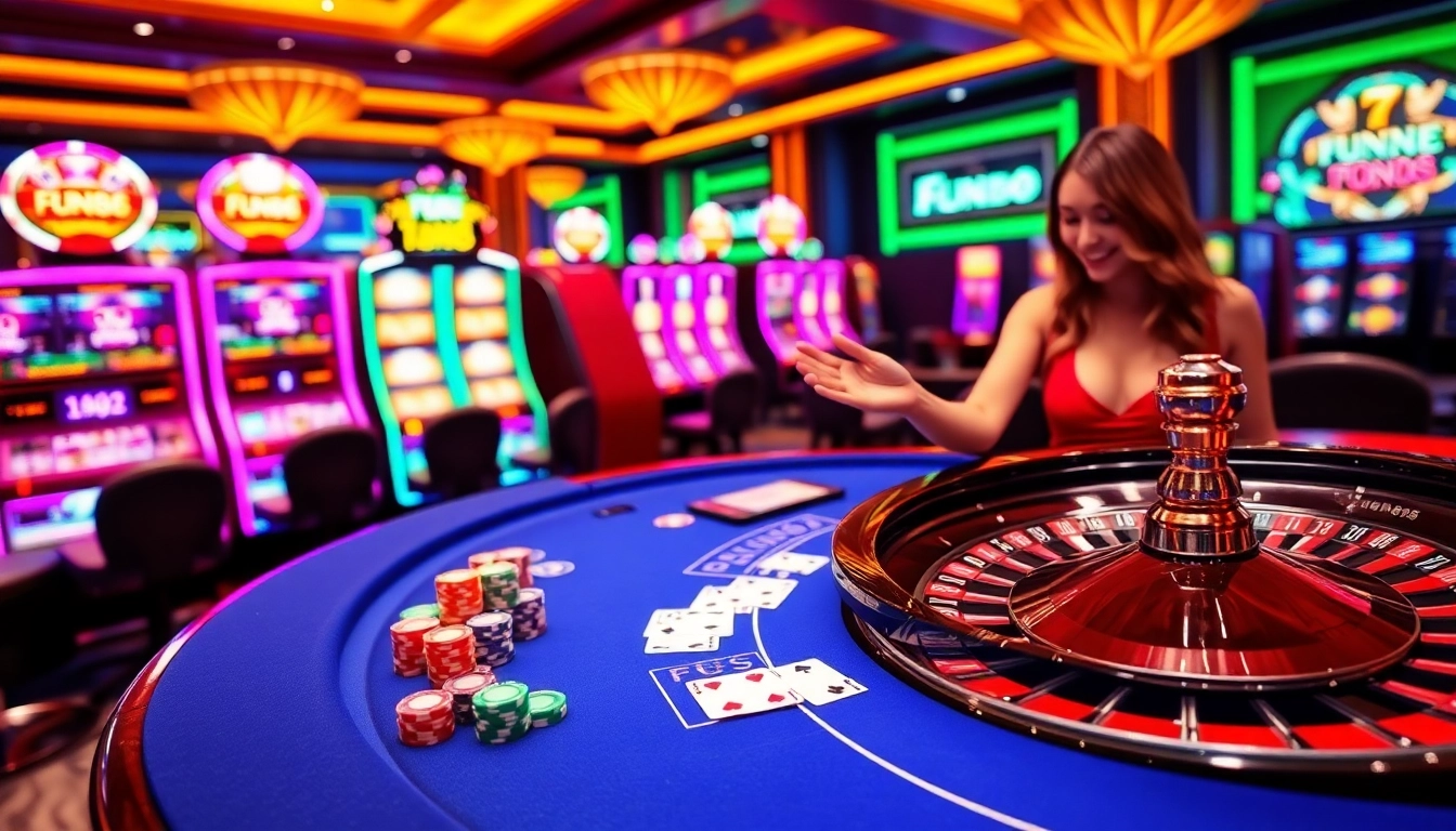 Experience the thrill of FUN88 at a luxurious casino table with vibrant gambling elements.