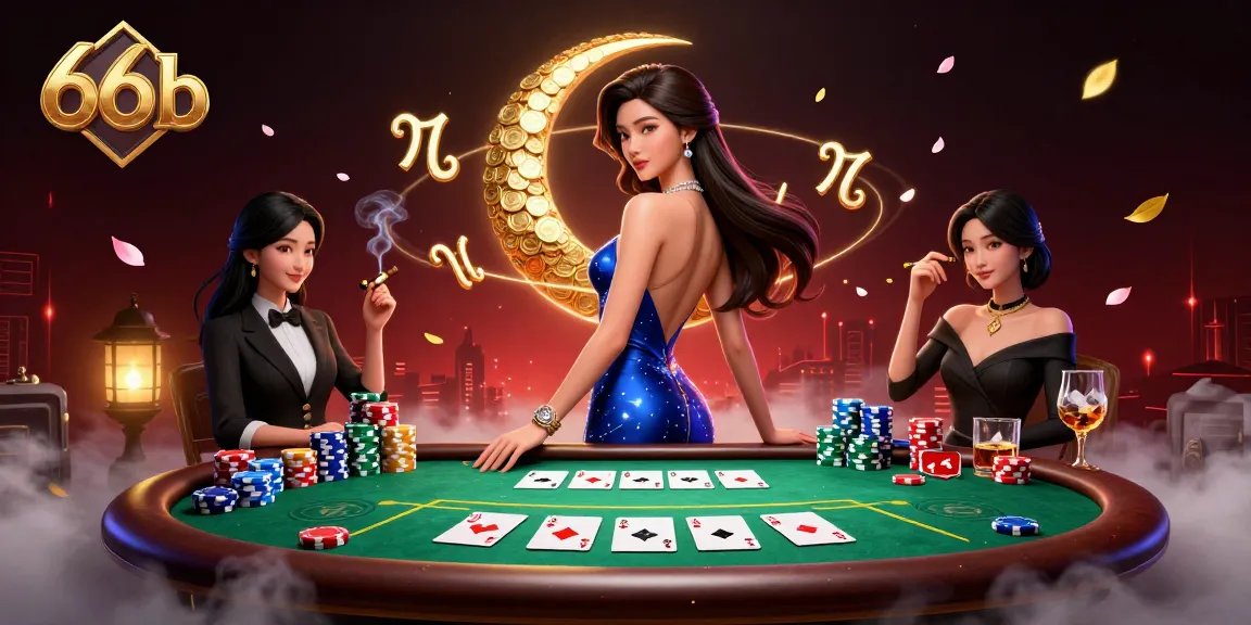 Engage with 66b’s vibrant casino scene featuring a stunning Asian woman and poker elements.