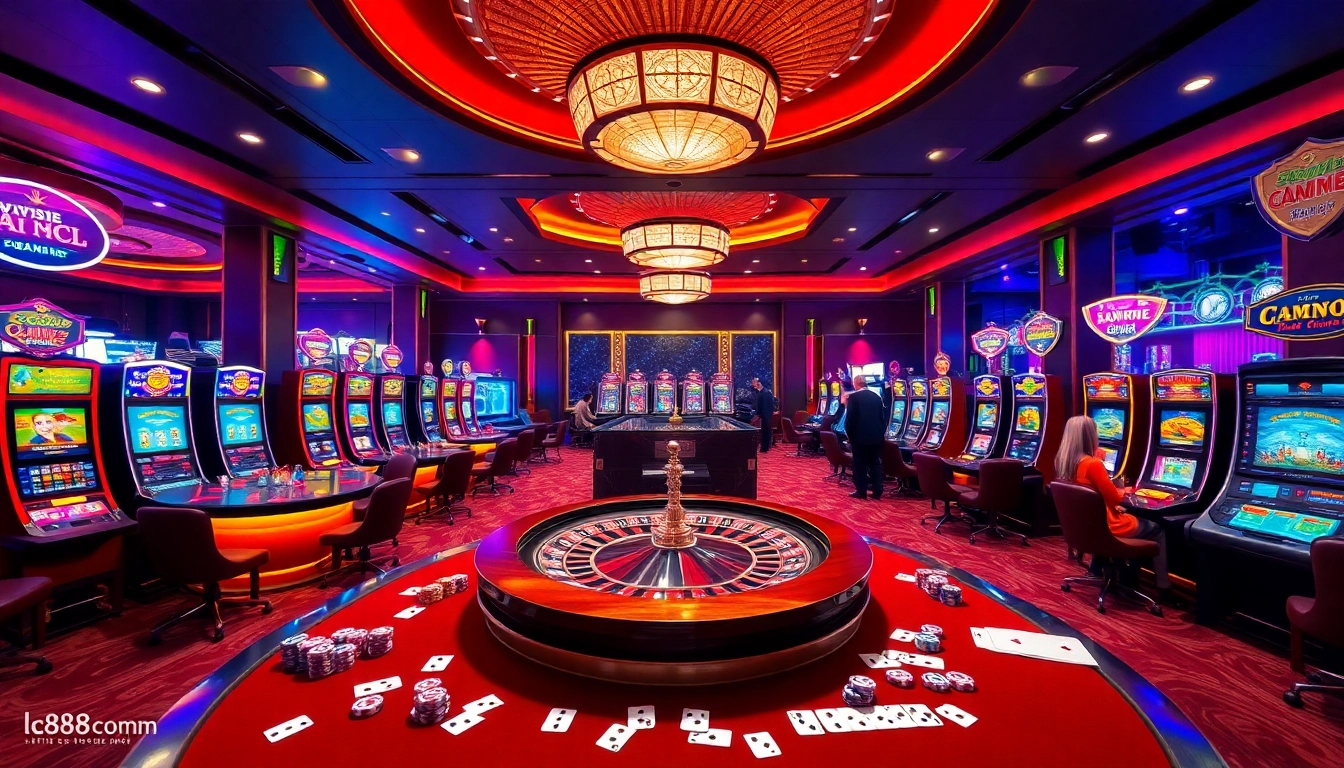 Experience the excitement of gaming at https://lc88comm.com/ with vibrant casino visuals of tables and slot machines.