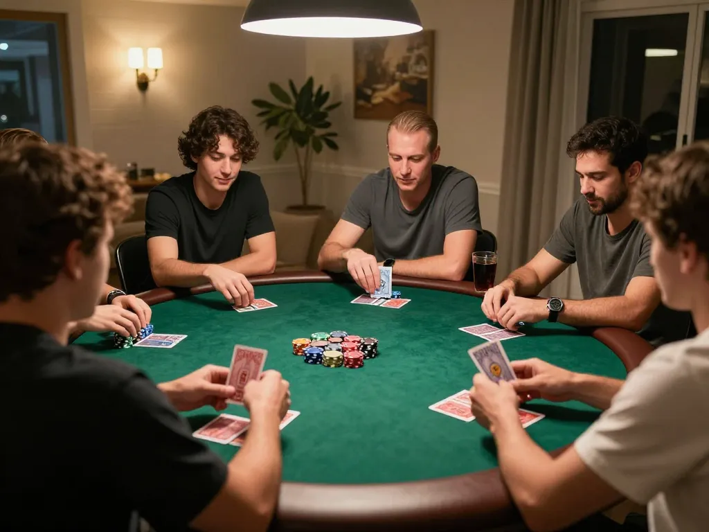 Friends engaged in poker game at home, showcasing excitement and strategy with five88z