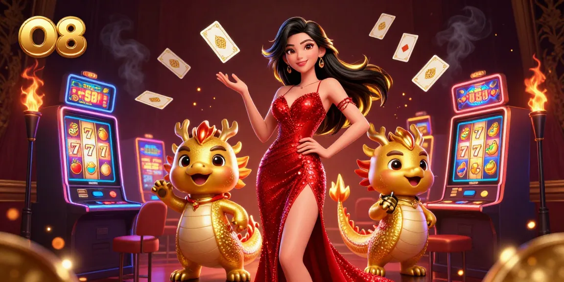 Spin to win in O8 Casino with an elegant scene featuring a confident woman and golden dragon amidst slot machines.