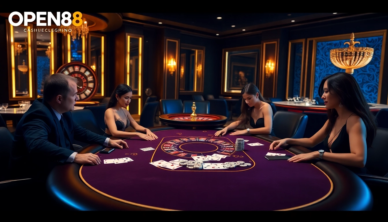 Experience the thrill of the OPEN88 gaming table in a luxurious casino setting, filled with vibrant poker chips and cards.