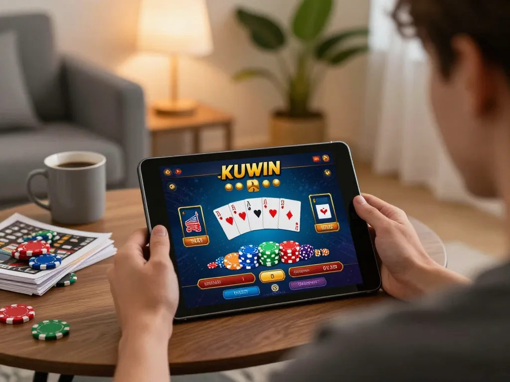 Kuwin online gaming experience featuring a player engaged with a tablet at home.