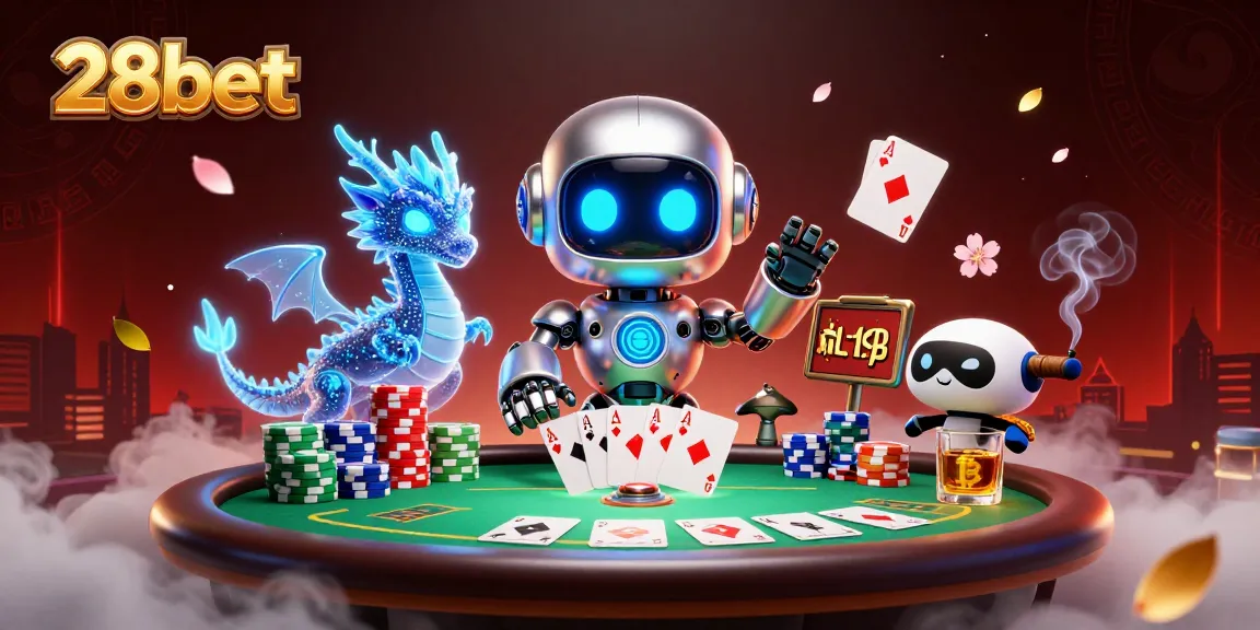 Experience thrilling casino action at 28bet with a vibrant 3D scene featuring robots and poker elements.