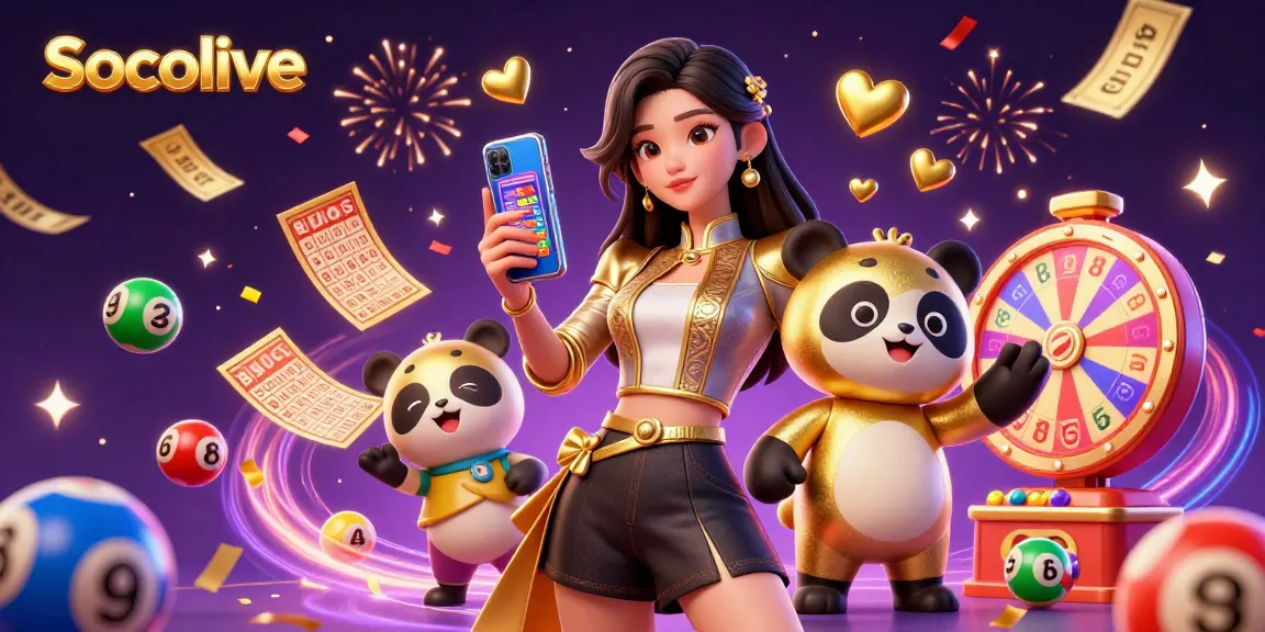 Socolive captures the excitement of online gambling with a vivid illustration of a woman enjoying a casino game amidst golden hearts and colorful lottery elements.