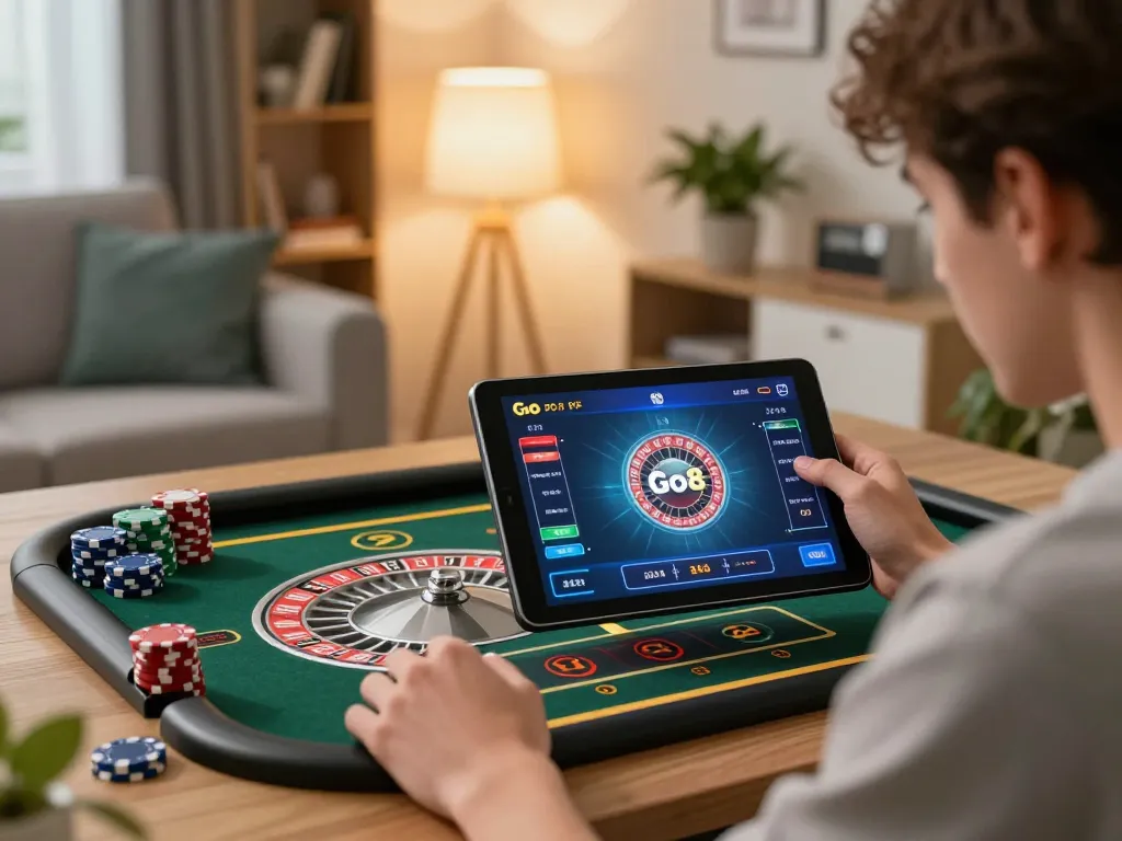Player enjoying strategic gameplay on the Go8 app in a cozy living room while managing bankroll.