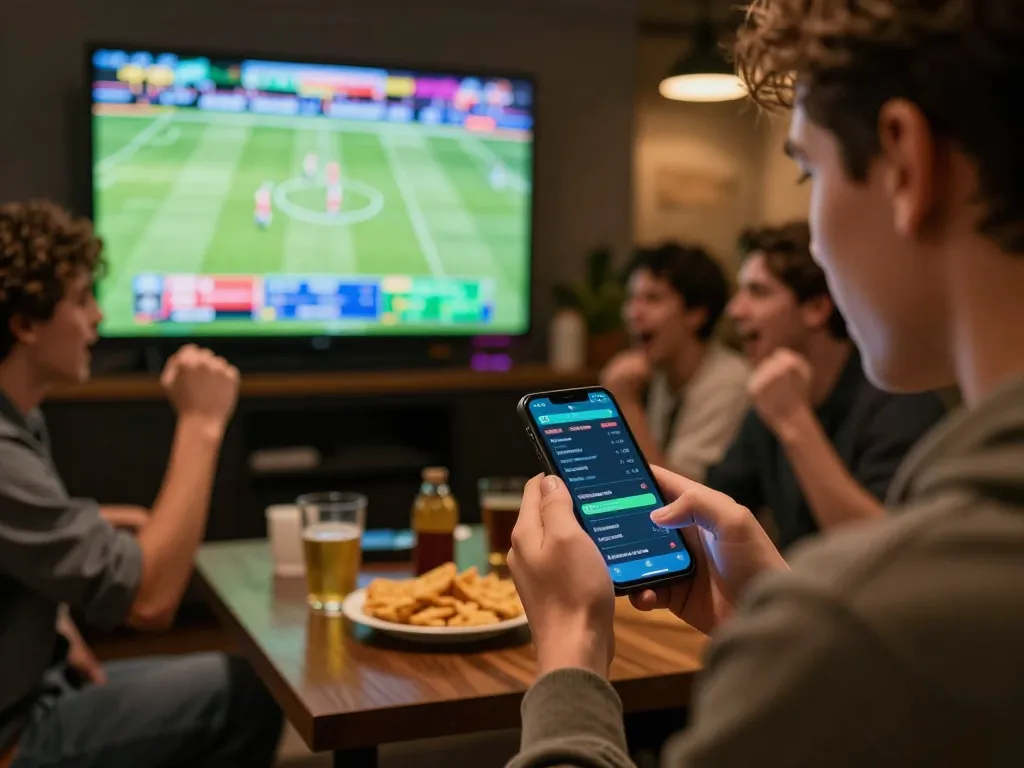 SBOBET mobile betting action at a lively sports viewing party with friends.
