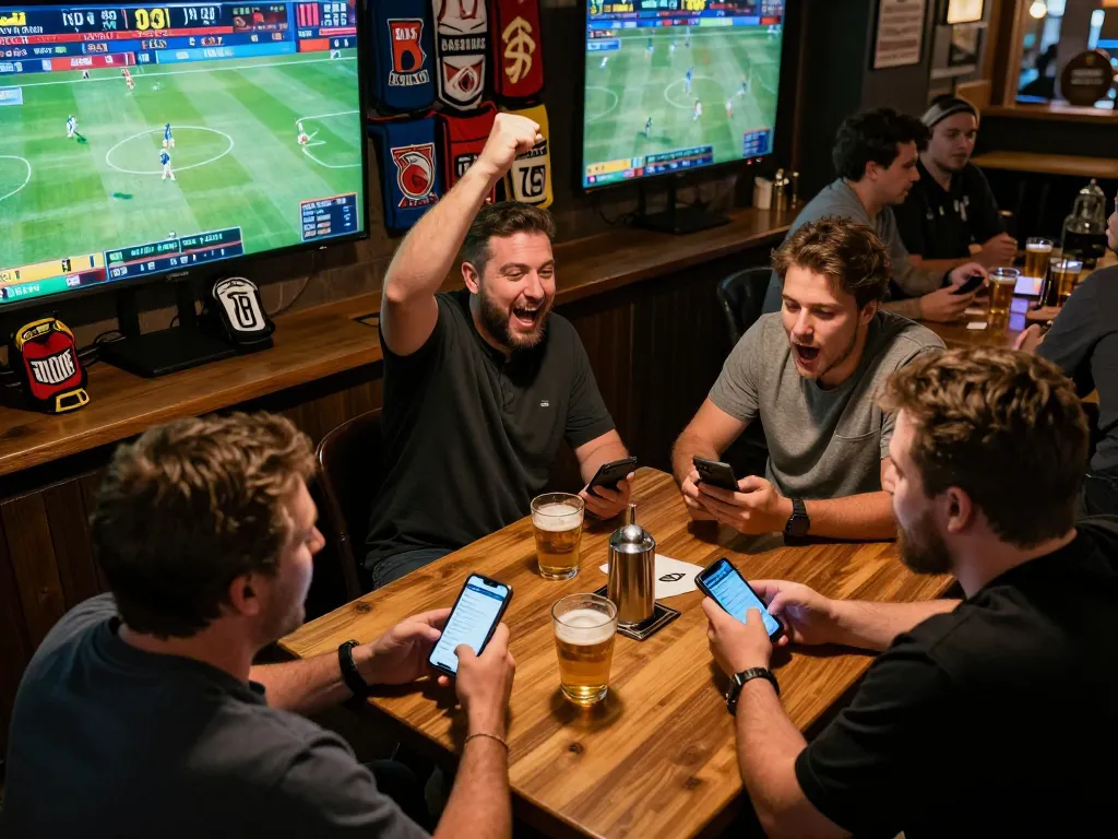 Kèo nhà cái betting moments at a lively sports bar with screens displaying games.