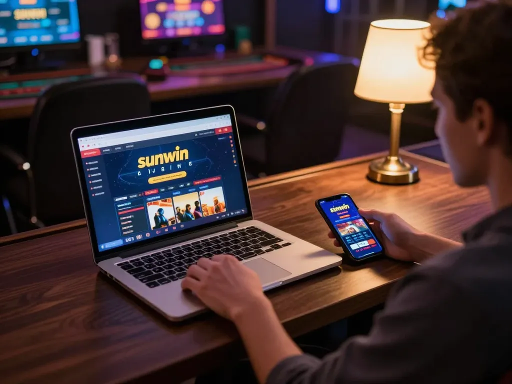 Engaging online gaming scene showcasing sunwin app on a laptop promoting responsible gambling.
