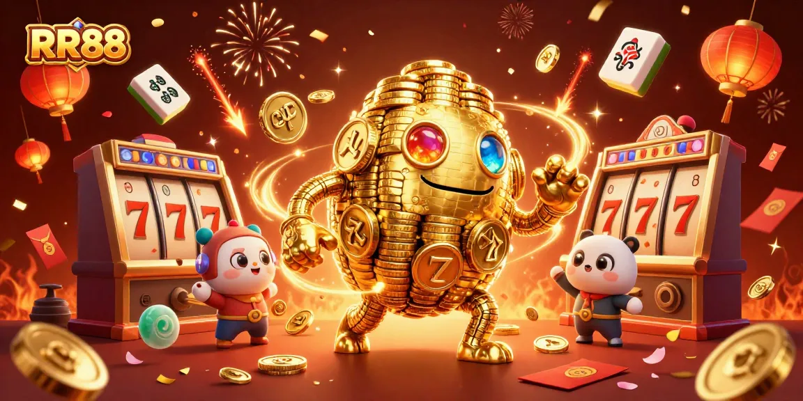 Engage in thrilling gameplay at RR88 with a vibrant illustration showcasing a golden golem amidst slot machines and festive elements.
