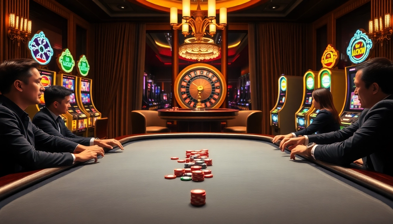 Experience the thrill of gaming at lucky88's vibrant casino scene with poker tables and slot machines.