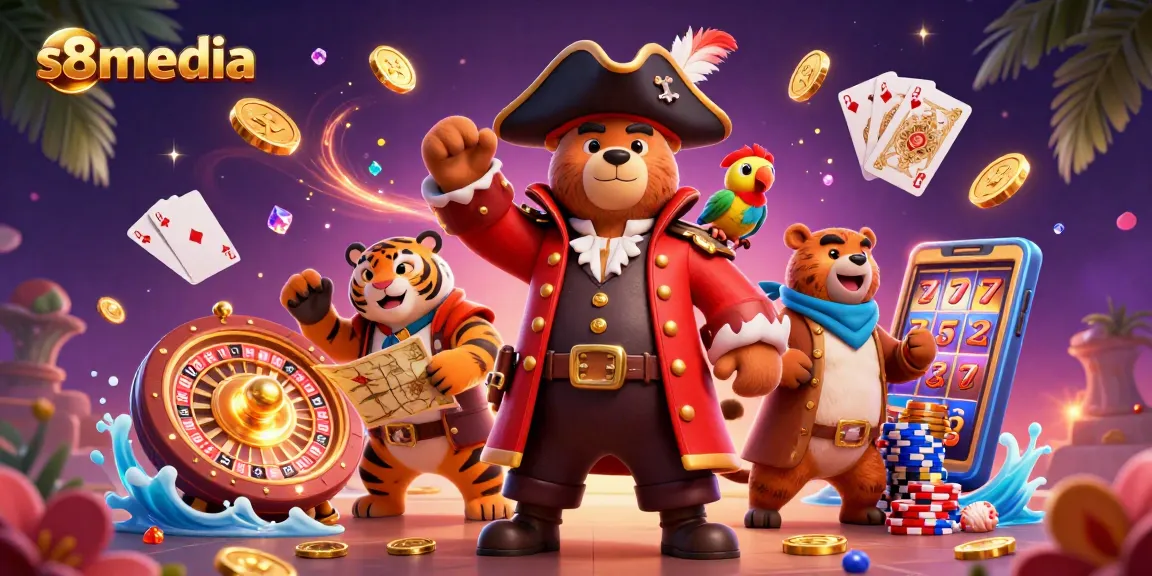 Spin the reels with excitement at s8media's vibrant casino adventure featuring a pirate bear and treasures.