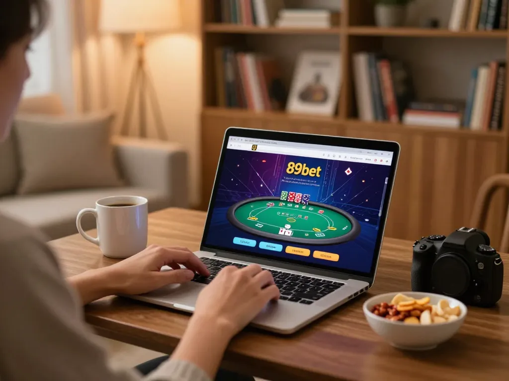 Engaging in online gambling with 89bet on a laptop in a cozy home setting