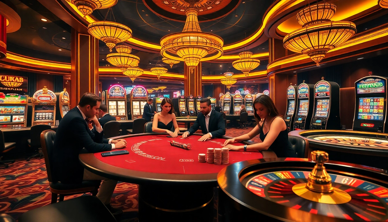 Players strategize at a luxurious LUCK8 casino poker table, surrounded by vibrant slot machines.