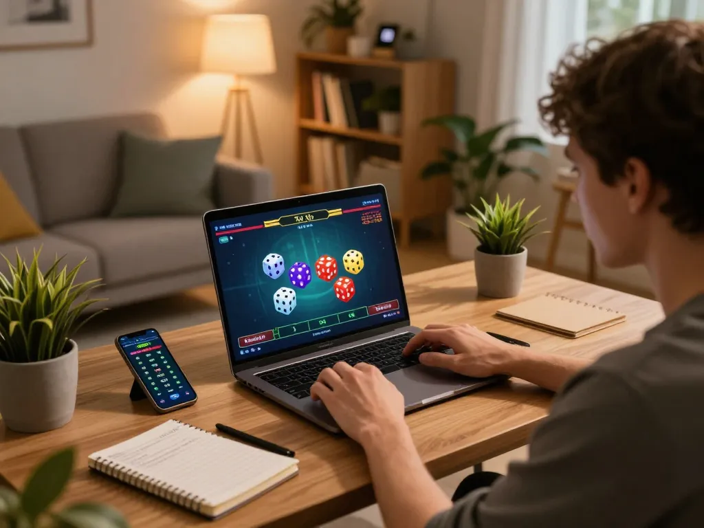 Tài xỉu uy tín gameplay in a cozy setting, showcasing online gaming on a laptop with dice animations and strategic notes.