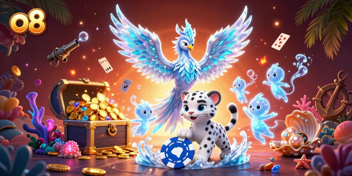 Experience the thrill of o8 with an ice phoenix, joyful snow leopard, and dazzling gaming elements.