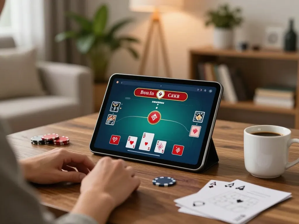 Engaging in strategic gameplay at home using go86vn online poker app on a tablet with cozy atmosphere.
