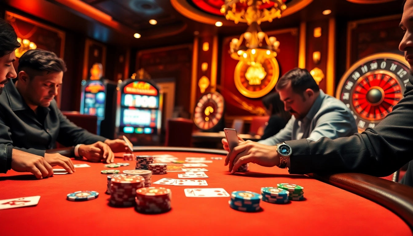 KJC-themed poker table featuring intense players in a luxurious casino setting.