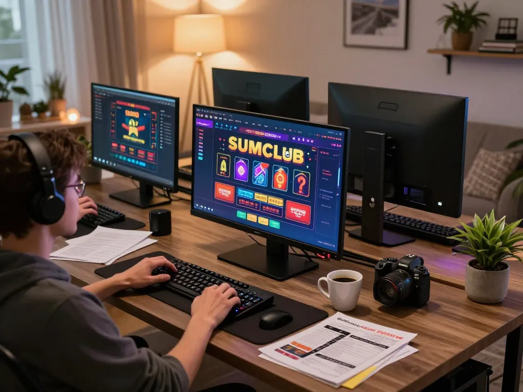 Person playing on sumclub online casino in a cozy home gaming setup with multiple screens and strategy notes.