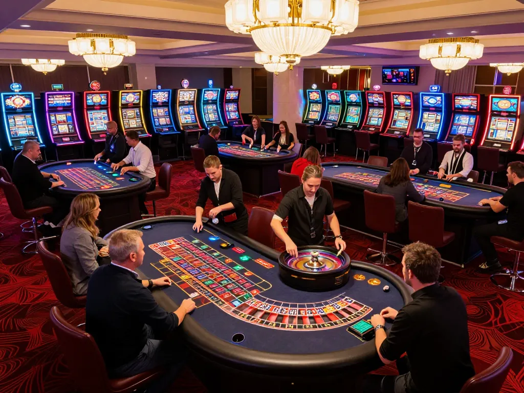 Luck8 players placing bets at roulette tables in a vibrant casino atmosphere