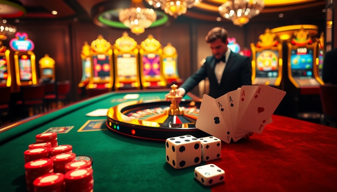 Experience excitement at fun79 with a vibrant casino scene featuring roulette and poker games.