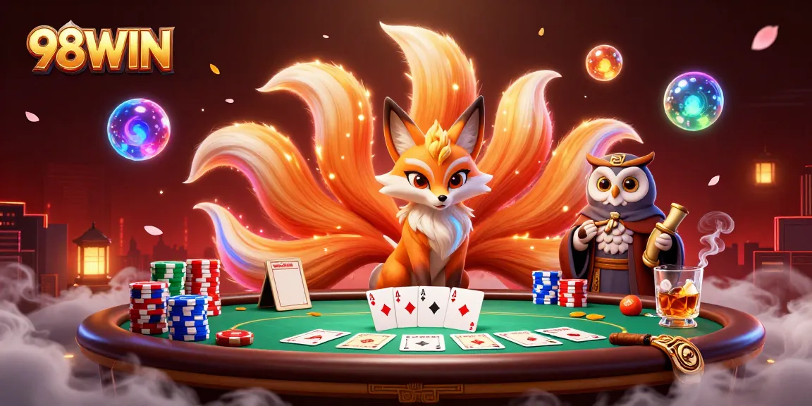 Engage in thrilling games at 98WIN with colorful poker elements and mystical characters.
