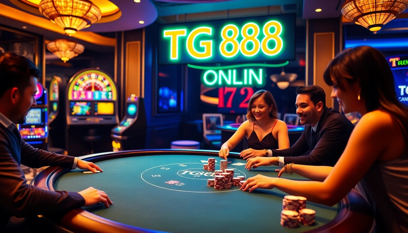 Play at TG88 COM casino table amidst vibrant slot machines and roulette for a thrilling experience.