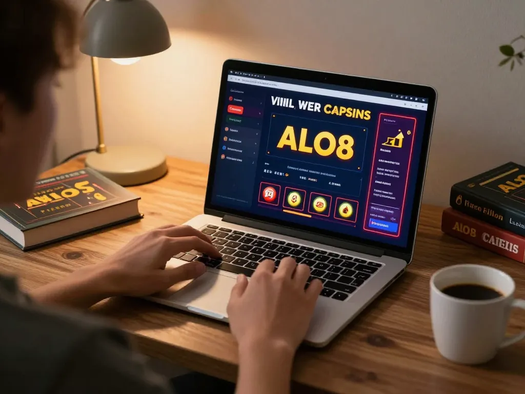 Player engaging with ALO8 online casino interface in a cozy home setup, showcasing the excitement of online gaming.