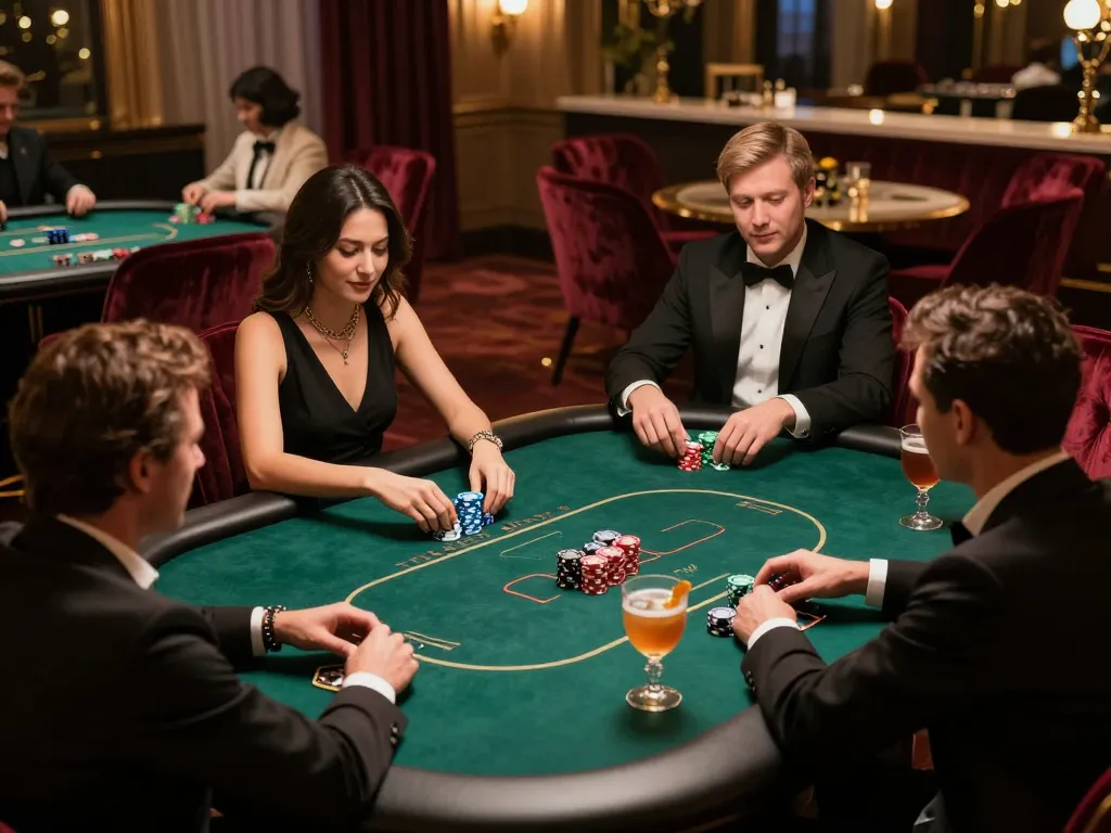 Players strategizing their movements at an nk88 poker game table in a luxurious setting.