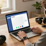Moltbot AI assistant managing tasks on laptop in a modern workspace, showcasing productivity and automation.