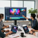 Collaborative team using seedance 2.0 for innovative AI video production in modern workspace.