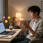 A cozy home office scene featuring ai sex chat with a digital companion on a laptop, showcasing warm atmosphere and personal engagement.