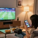 Couple enjoying the Pikashow APK download for streaming movies and live sports in cozy living room.