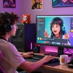 Delightful ecchi chat AI interaction in a cozy gaming setup